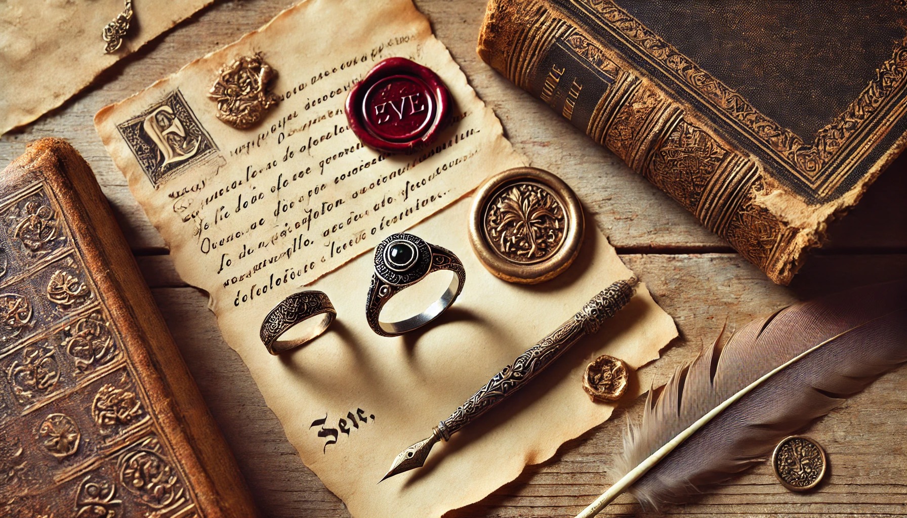 A vintage-style promise ring displayed alongside historical elements