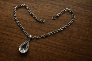 broken_silver_teardrop_pendant_on_wooden_surface