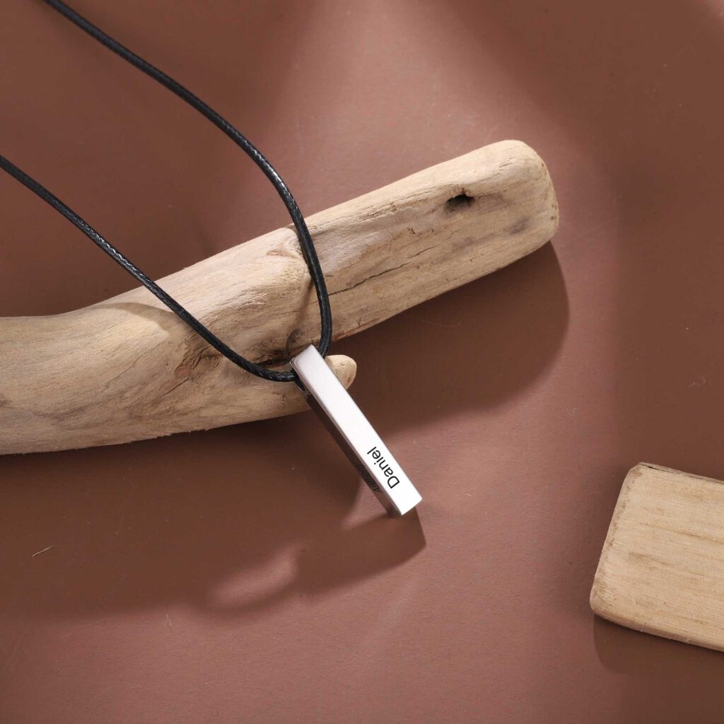 Personalized Men's Bar Necklace with Leather Cord Engrave Names & Moments