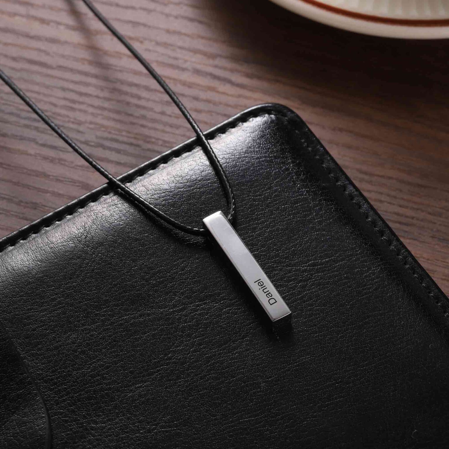 Personalized Men's Bar Necklace with Leather Cord Engrave Names & Moments